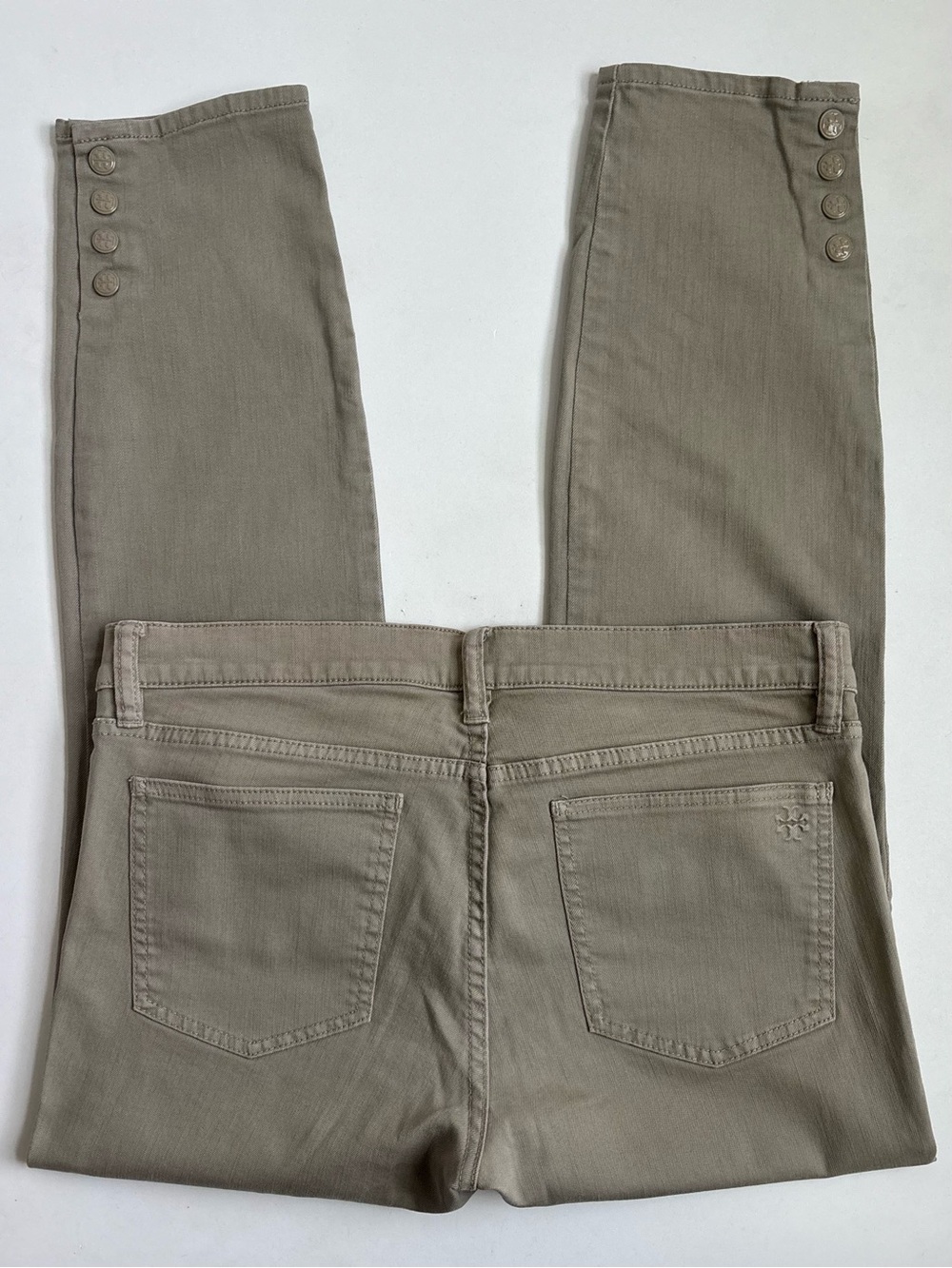 Tory Burch Emmy Ankle Cropped Skinny Jeans Snap Ankle Buttons Olive-Green Sz 31